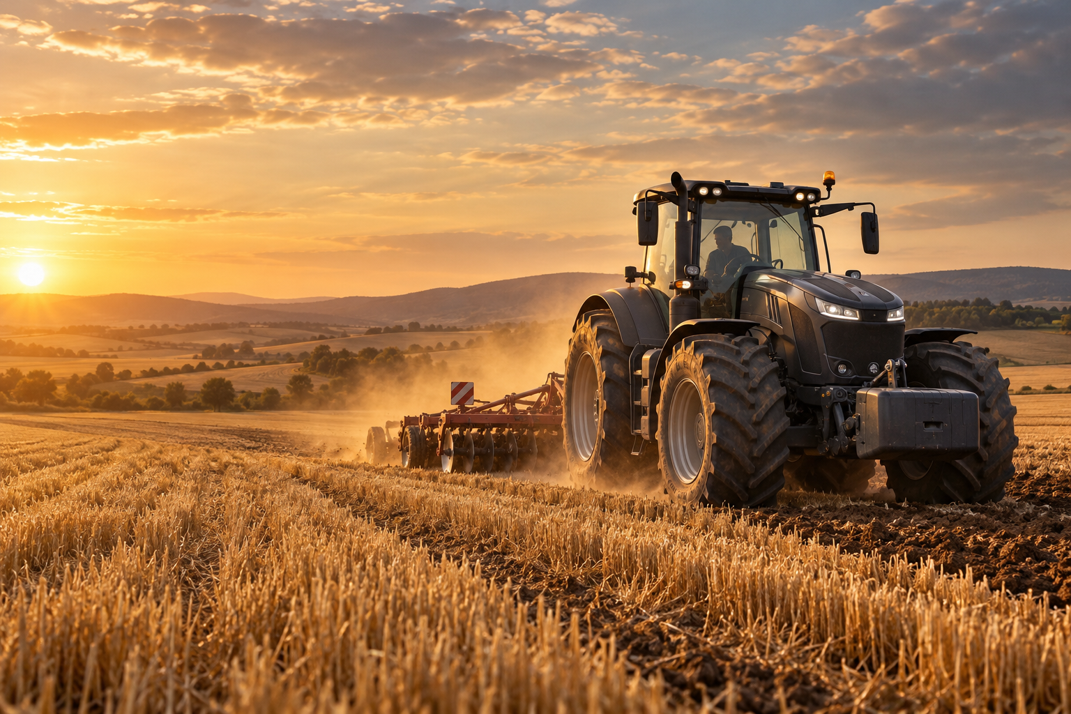 Imagine ilustrativă generată: tractor pe un câmp la apus